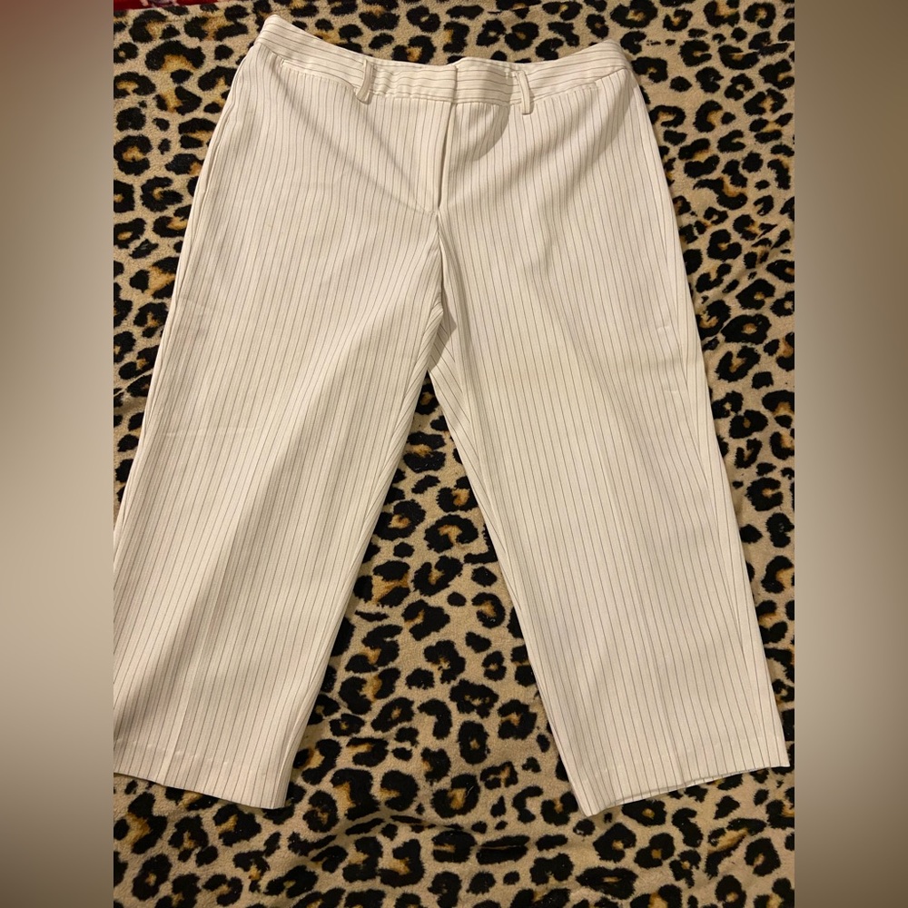 White with black pinstripes, capris